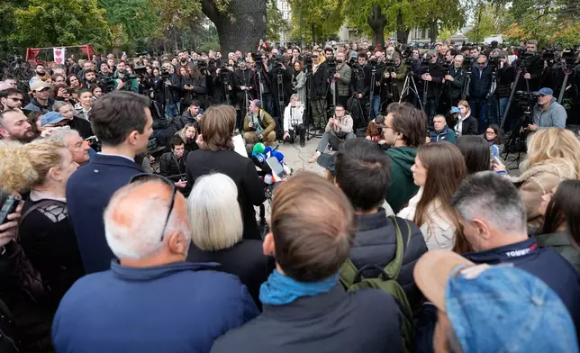 Student Filip Ubovic speaks during a news conference by Serbia's student movement demanding the resignations of top police and security officials in Belgrade, Serbia, Thursday, Oct. 29, 2026. (AP Photo/Darko Vojinovic)