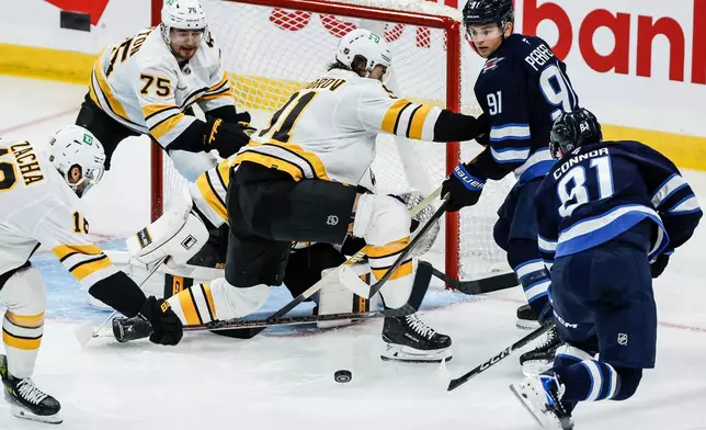 Winnipeg Jets' Kyle Connor (81) scores against Boston Bruins goaltender Jeremy Swayman (partially obscured) during the second period of an NHL hockey game in Winnipeg, Manitoba, Friday, Oct. 2, 2026. (John Woods/The Canadian Press via AP)