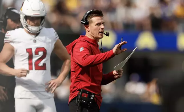 Arizona Cardinals head coach Mike LaFleur gestures during the first half of an NFL football game against the Arizona Cardinals in Inglewood, Calif., Sunday, Oct. 18, 2026. (AP Photo/Caroline Brehman)