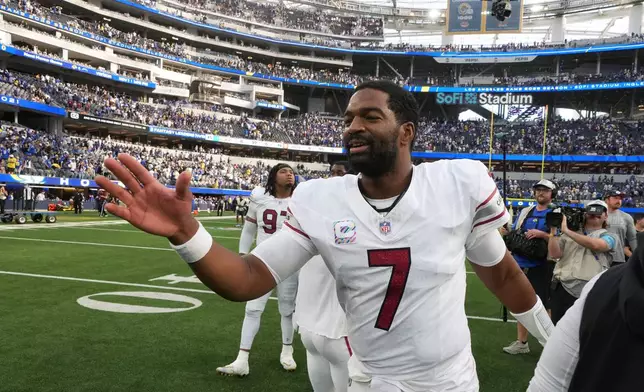 Arizona Cardinals quarterback Jacoby Brissett (7) celebrates after an NFL football game against the Los Angeles Rams in Inglewood, Calif., Sunday, Oct. 18, 2026. (AP Photo/Gregory Bull)