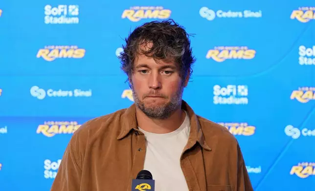 Los Angeles Rams quarterback Matthew Stafford speaks at a news conference after an NFL football game against the Arizona Cardinals in Inglewood, Calif., Sunday, Oct. 18, 2026. (AP Photo/Gregory Bull)