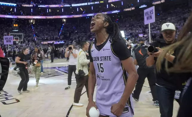 Golden State Valkyries guard Tiffany Hayes (15) celebrates after Game 3 of a WNBA basketball first-round playoff series against the Dallas Wings, Friday, Oct. 2, 2026, in San Francisco. (AP Photo/Jeff Chiu)