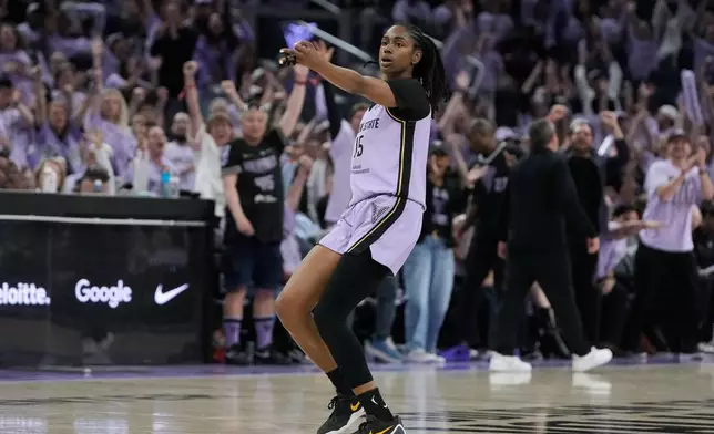 Golden State Valkyries guard Tiffany Hayes celebrates after scoring against the Dallas Wings during the second half of Game 3 of a WNBA basketball first-round playoff series, Friday, Oct. 2, 2026, in San Francisco. (AP Photo/Jeff Chiu)