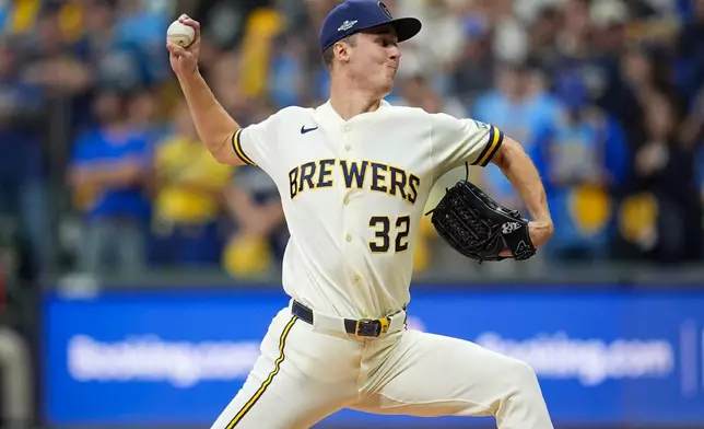Milwaukee Brewers pitcher Jacob Misiorowski throws during Game 1 of baseball's National League Championship Series between the Milwaukee Brewers and the Los Angeles Dodgers, Sunday, Oct. 11, 2026, in Milwaukee. (AP Photo/Abbie Parr)