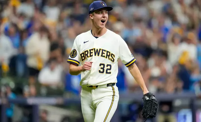 Milwaukee Brewers pitcher Jacob Misiorowski reacts to striking out Los Angeles Dodgers designated hitter Shohei Ohtani during the third inning of Game 1 of baseball's National League Championship Series between the Milwaukee Brewers and the Los Angeles Dodgers, Sunday, Oct. 11, 2026, in Milwaukee. (AP Photo/Ashley Landis)