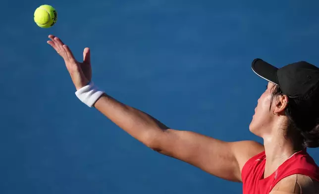 China's Wang Xiyu prepares to serve to China's Zhang Shuai during the Women's singles final tennis match at the Asian Games in Nagoya, Japan, Friday, Oct. 2, 2026. (AP Photo/Aaron Favila)