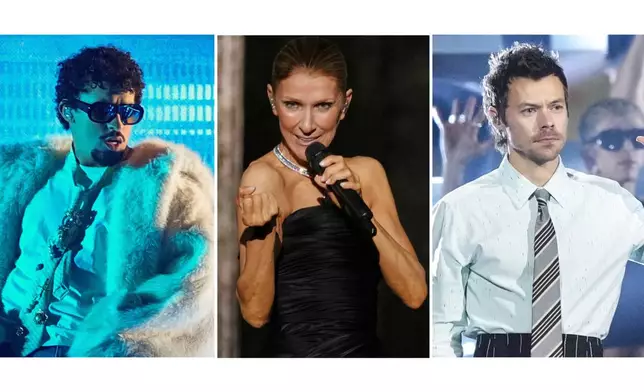 This combination of images shows performers, from left, Bad Bunny, Celine Dion, and Harry Styles. (AP Photo)