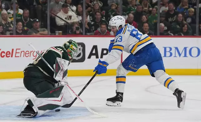 St. Louis Blues center Mason McTavish, right, shoots and scores past Minnesota Wild goaltender Jesper Wallstedt, left, during the second period of an NHL hockey game Thursday, Oct. 15, 2026, in St. Paul, Minn. (AP Photo/Abbie Parr)