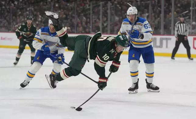 Minnesota Wild right wing Bobby Brink (10) falls next to St. Louis Blues left wing Jake Neighbours (63) while trying to gain control of the puck during the first period of an NHL hockey game, Thursday, Oct. 15, 2026, in St. Paul, Minn. (AP Photo/Abbie Parr)