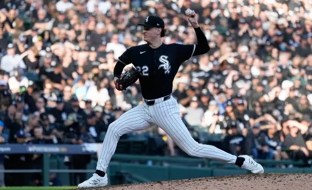Chicago White Sox's Noah Schultz pitches during the fourth inning in Game 3 of baseball's American League Division Series against the Cleveland Guardians Wednesday, Oct. 7, 2026, in Chicago. (AP Photo/Nam Y. Huh)