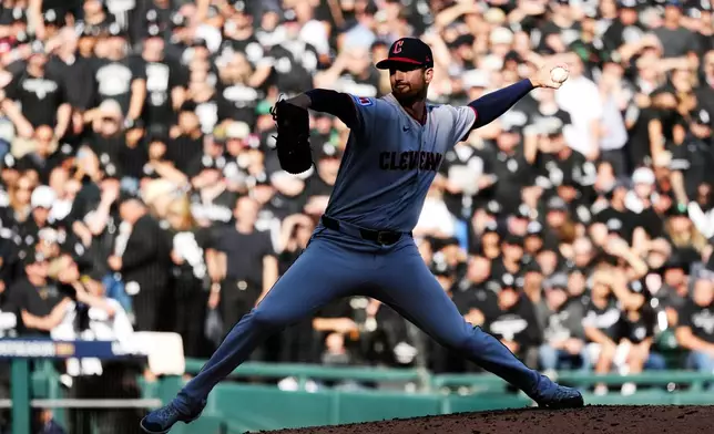 Cleveland Guardians' Foster Griffin pitches during the first inning in Game 3 of baseball's American League Division Series against the Chicago White Sox, Wednesday, Oct. 7, 2026, in Chicago. (AP Photo/Nam Y. Huh)