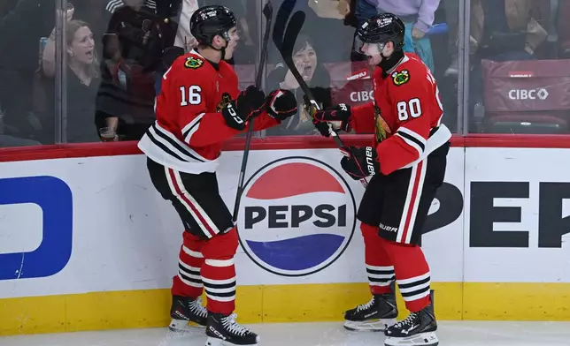 Chicago Blackhawks' Roman Kantserov (80) celebrates with teammate Anton Frondell (16) after scoring a goal during the second period of an NHL hockey game against the Carolina Hurricanes Saturday, Oct. 10, 2026, in Chicago. (AP Photo/Paul Beaty)