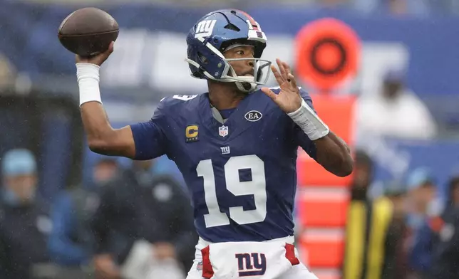 New York Giants quarterback Jameis Winston (19 looks to throw a pass during the first half of an NFL football game against the Tennessee Titans in East Rutherford, N.J., Sunday, Sept. 27, 2026. (AP Photo/Adam Hunger)
