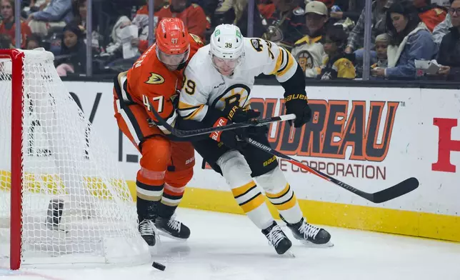 Boston Bruins center Morgan Geekie and Anaheim Ducks defenseman Noah Warren vie for the puck during the first period of an NHL hockey game Friday, Oct. 16, 2026 in Anaheim, Calif. (AP Photo/Ryan Sun)