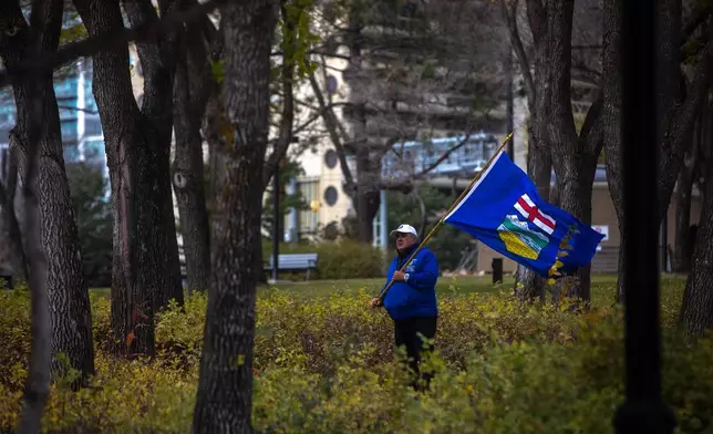 An attendee holding a flag stands in the trees during an Alberta independence rally at the Alberta legislature in Edmonton Alberta, Saturday, Oct. 17, 2026. (Amanda May Erickson/The Canadian Press via AP)