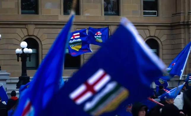 Flags wave in the wind during an Alberta independence rally at the Alberta legislature in Edmonton Alberta, Saturday, Oct. 17, 2026. (Amanda May Erickson/The Canadian Press via AP)