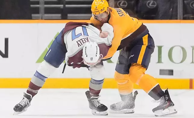 Nashville Predators defenseman Jayden Struble (3) fights with Colorado Avalanche center Parker Kelly (17) during the second period of an NHL hockey game Sunday, Oct. 25, 2026, in Nashville, Tenn. (AP Photo/George Walker IV)