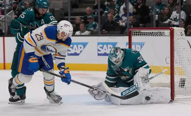 San Jose Sharks goaltender Yaroslav Askarov (30) defends against a shot by Buffalo Sabres left wing Beck Malenstyn (29) during the second period of an NHL hockey game, Tuesday, Oct. 27, 2026, in San Jose, Calif. (AP Photo/Jeff Chiu)