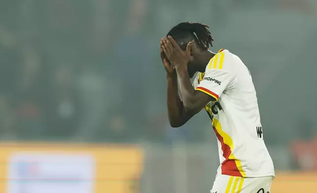 Lens' Amadou Haidara reacts during the French League One soccer match between Lille and Lens in Lille, France, Friday, Oct. 30, 2026. (AP Photo/Jean-Francois Badias)