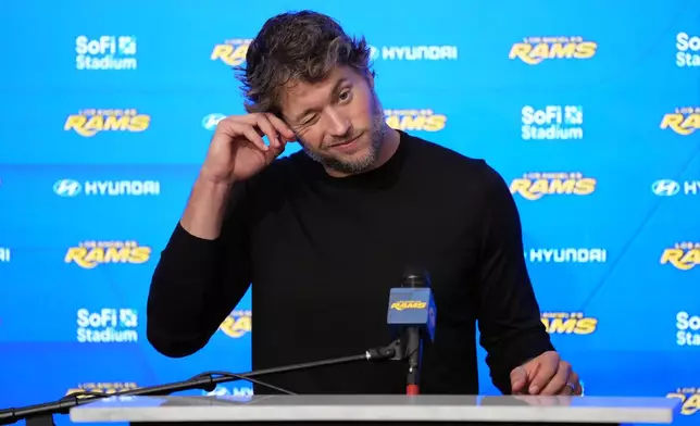Los Angeles Rams quarterback Matthew Stafford reacts during a news conference after the Buffalo Bills defeated the Los Angeles Rams in an NFL football game in Inglewood, Calif., Monday, Oct. 12, 2026. (AP Photo/Scott Strazzante)