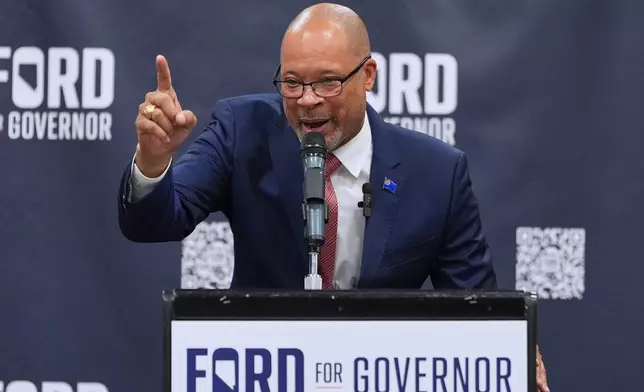 FILE - Gubernatorial candidate Aaron Ford, attorney general of Nevada, speaks during a primary election night watch party after winning the Democratic nomination, June 9, 2026, in Las Vegas. (AP Photo/Jae C. Hong, File)