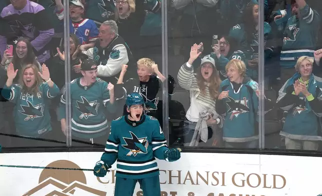 San Jose Sharks defenseman Luca Cagnoni celebrates after scoring the winning goal in overtime against the Florida Panthers in a NHL hockey game in San Jose, Calif., Thursday, Oct. 1, 2026. (AP Photo/Tony Avelar)