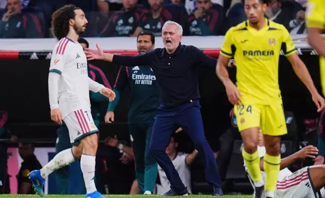 Real Madrid's head coach Jose Mourinho reacts during the La Liga soccer match between Real Madrid and Villarreal in Madrid, Spain, Saturday, Oct. 10, 2026. (AP Photo/Manu Fernandez)