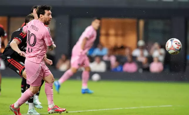 Inter Miami forward Lionel Messi (10) scores his side's third goal during the second half of an MLS soccer match against D.C. United, Saturday, Oct. 10, 2026, in Miami. (AP Photo/Rebecca Blackwell)
