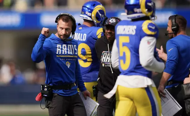 Los Angeles Rams head coach Sean McVay, left, gestures during the first half of an NFL football game against the Arizona Cardinals in Inglewood, Calif., Sunday, Oct. 18, 2026. (AP Photo/Gregory Bull)