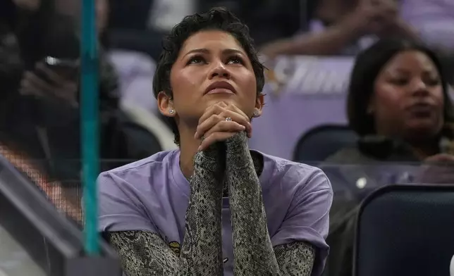 Zendaya watches during the first half of Game 5 of the WNBA basketball finals between the Golden State Valkyries and the Atlanta Dream, Monday, Oct. 26, 2026, in San Francisco. (AP Photo/Jeff Chiu)