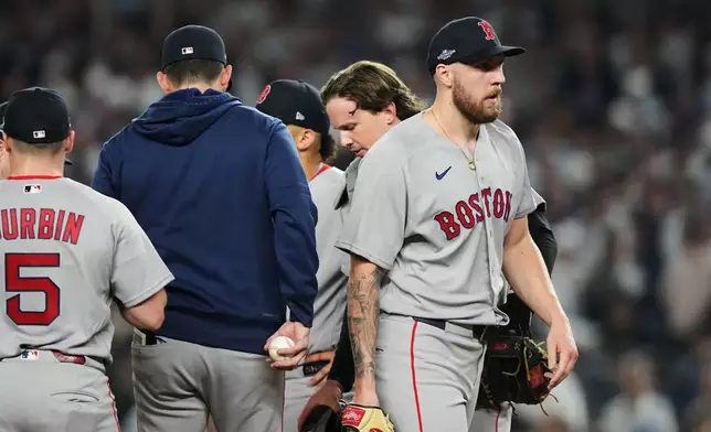 Boston Red Sox relief pitcher Garrett Crochet is pulled from the game against the New York Yankees during the sixth inning in Game 2 of baseball's American League Wild Card Series, Wednesday, Sept. 30, 2026, in New York. (AP Photo/Frank Franklin II)