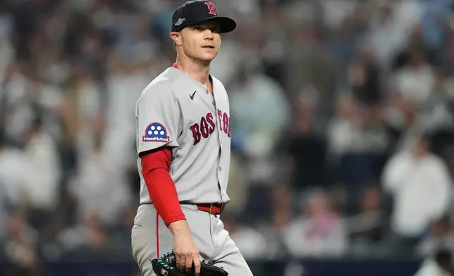 Boston Red Sox starting pitcher Sonny Gray walks back to the dugout after being pulled during the fifth inning against the New York Yankees in Game 2 of baseball's American League Wild Card Series, Wednesday, Sept. 30, 2026, in New York. (AP Photo/Frank Franklin II)