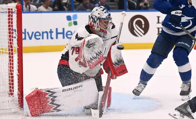 Washington Capitals goaltender Charlie Lindgren makes a save during the second period of an NHL hockey game against the Tampa Bay Lightning Saturday, Oct. 3, 2026, in Tampa, Fla. (AP Photo/Jason Behnken)