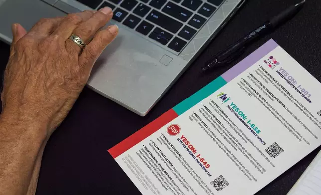 A volunteer uses a reference card while phone banking for Let's Go Washington, a group backing Washington State Initiative 638, which would prohibit transgender girls from competing in girls' sports, Monday, Oct. 19, 2026, in Bellevue, Wash. (AP Photo/Lindsey Wasson)
