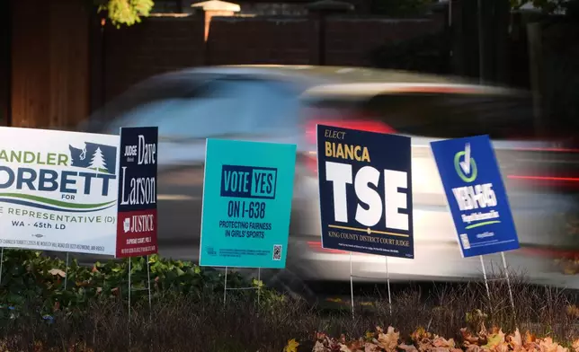 A yard sign supporting Washington State Initiative 638, which would prohibit transgender girls from competing in girls' sports, is seen in a median Monday, Oct. 19, 2026, in Redmond, Wash. (AP Photo/Lindsey Wasson)