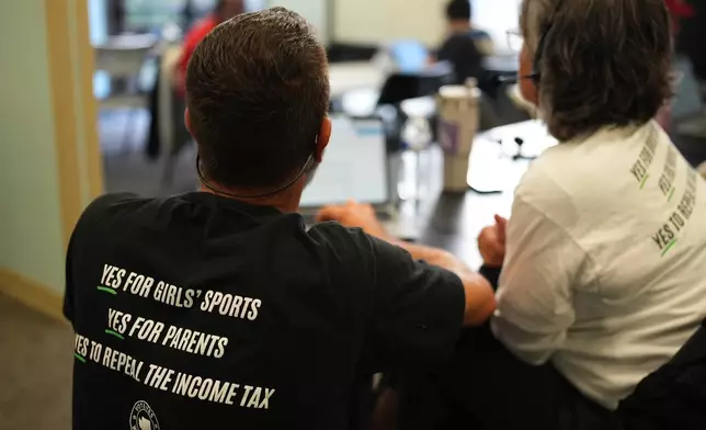 Let's Go Washington staff member Josh Johnson, left, helps a volunteer while phone banking in support of Washington State Initiative 638, which would prohibit transgender girls from competing in girls' sports, Monday, Oct. 19, 2026, in Bellevue, Wash. (AP Photo/Lindsey Wasson)