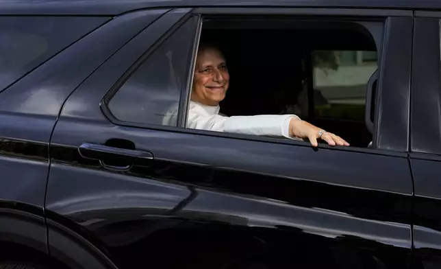 Pope Leo XIV leaves Rome's Agostino Gemelli Polyclinic, Saturday, Oct. 17, 2026, after Tuesday's surgery to remove a lung cancer. (AP Photo/Alessandra Tarantino)