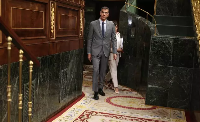 Spanish Prime Minister Pedro Sánchez arrives at the Spanish parliament in Madrid, Friday Oct. 2, 2026. (Eduardo Parra/Europa Press via AP)