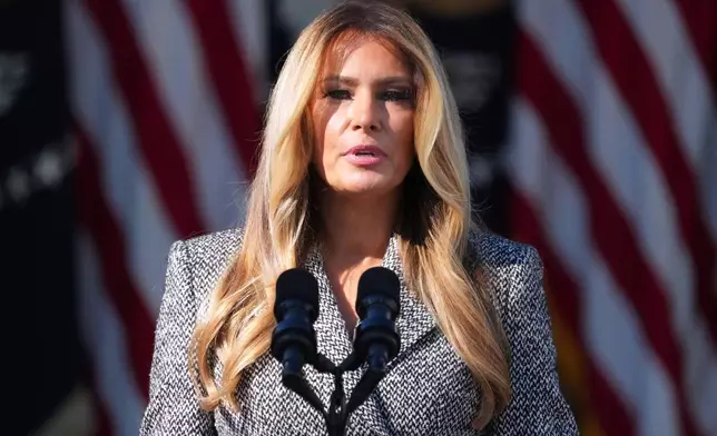 FILE - First lady Melania Trump speaks in the Rose Garden of the White House, Oct. 19, 2026, in Washington. (AP Photo/Mark Schiefelbein, File)
