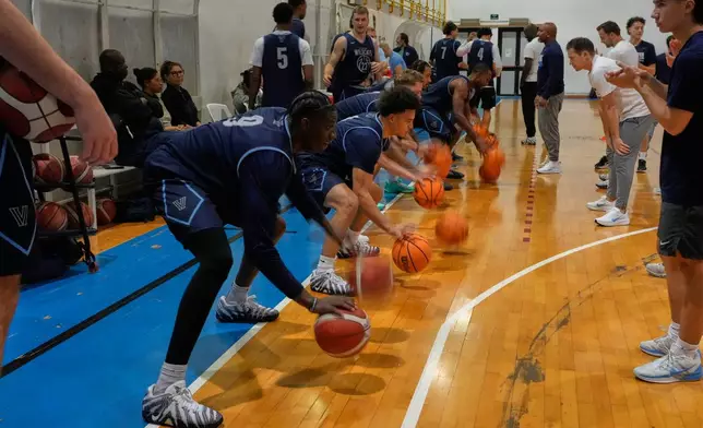 The Villanova men's basketball team takes part in a training session in Rome, Thursday, Oct. 29, 2026. (AP Photo/Gregorio Borgia)
