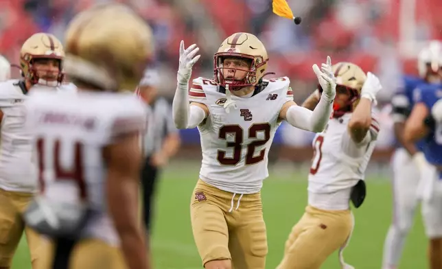 Boston College defensive back Charlie Comella (32) reacts after a penalty call during an NCAA college football game against SMU, Saturday, Oct. 3, 2026, in Dallas. (AP Photo/Gareth Patterson)