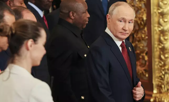 Russian President Vladimir Putin, right, arrives for the Russia-Africa Summit in Moscow, Thursday, Oct. 29, 2026. (Anastasia Barashkova//Pool Photo via AP)