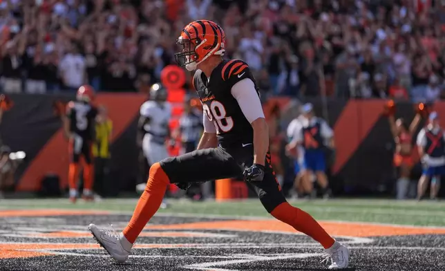 Cincinnati Bengals tight end Mike Gesicki (88) celebrates a touchdown during an NFL football game against the Jacksonville Jaguars in Cincinnati, Sunday, Oct. 4, 2026. (AP Photo/Joshua A. Bickel)