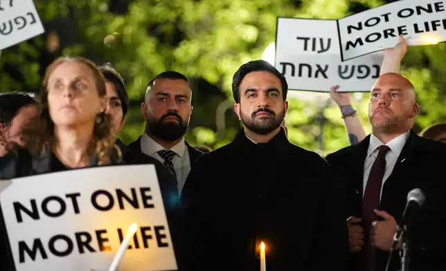 New York City Mayor Zohran Mamdani attends a vigil marking the third anniversary of the October 7 attacks on Israel Wednesday, Oct. 7, 2026, in New York. (AP Photo/Frank Franklin II)