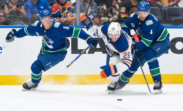 Edmonton Oilers' Alex Formenton (26) tries to get past Vancouver Canucks' Tom Willander (5) and Jamie Oleksiak (4) during second period NHL hockey action in Vancouver, B.C., on Thursday, Oct. 1, 2026. (Rich Lam/The Canadian Press via AP)