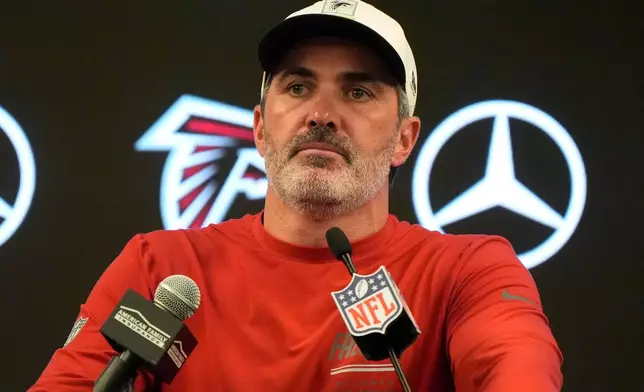 Atlanta Falcons head coach Kevin Stefanski speaks during a news conference after a NFL football game against the Baltimore Ravens, Monday, Oct. 12, 2026, in Atlanta. (AP Photo/Mike Stewart)