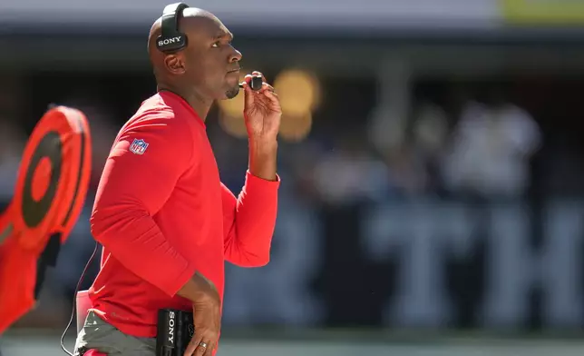 Houston Texans head coach DeMeco Ryans watches from the sideline during the second half of an NFL football game against the Indianapolis Colts, Sunday, Sept. 27, 2026, in Indianapolis. (AP Photo/Jeff Roberson)