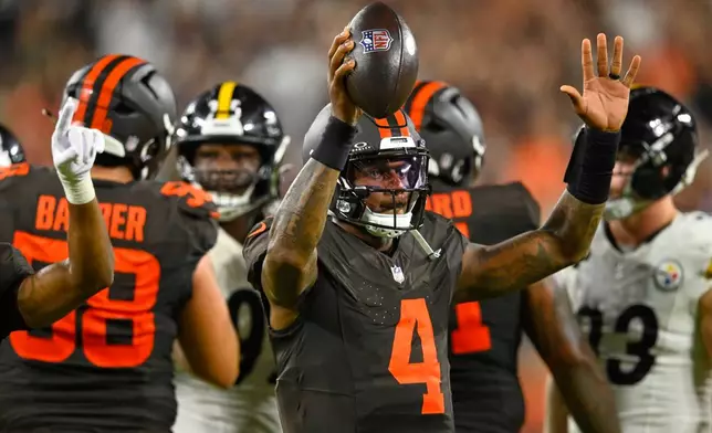 Cleveland Browns quarterback Deshaun Watson celebrates after their win against the Pittsburgh Steelers in an NFL football game in Cleveland, Thursday, Oct. 1, 2026. (AP Photo/David Richard)