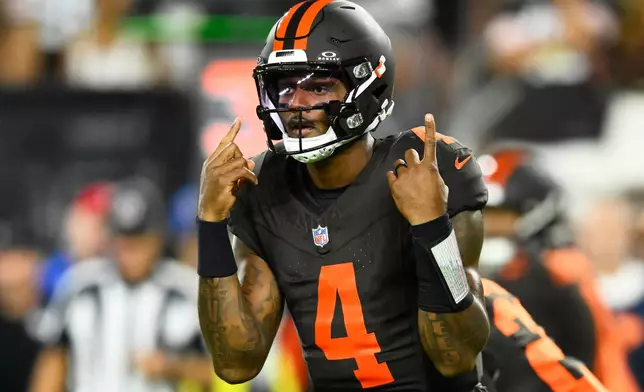 Cleveland Browns quarterback Deshaun Watson plats against the Pittsburgh Steelers during the first half of an NFL football game in Cleveland, Thursday, Oct. 1, 2026. (AP Photo/David Richard)