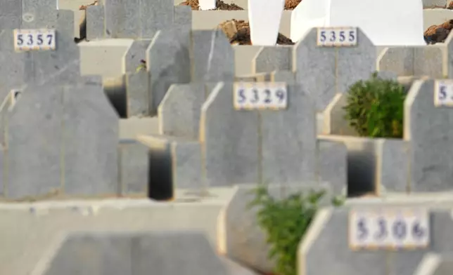 Spain's King Felipe VI and Queen Letizia stand at Sidi Embarek Cemetery, where people who died at sea on July 30 and 31 are buried, during their visit to the Spanish enclave of Ceuta, Tuesday, Oct. 13, 2026. (AP Photo/Manu Fernández)